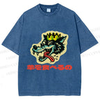 Unisex Vintage Japanese Wolf Graffiti Printed Washed Tee