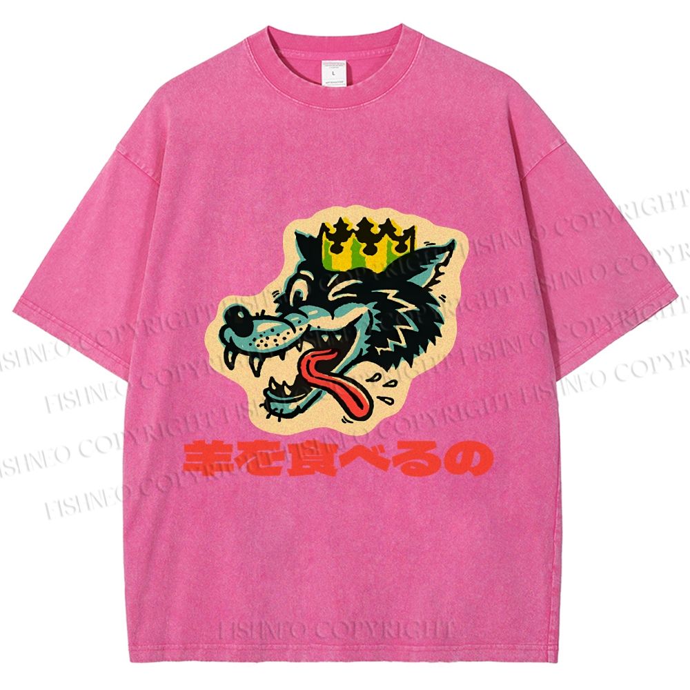 Unisex Vintage Japanese Wolf Graffiti Printed Washed Tee