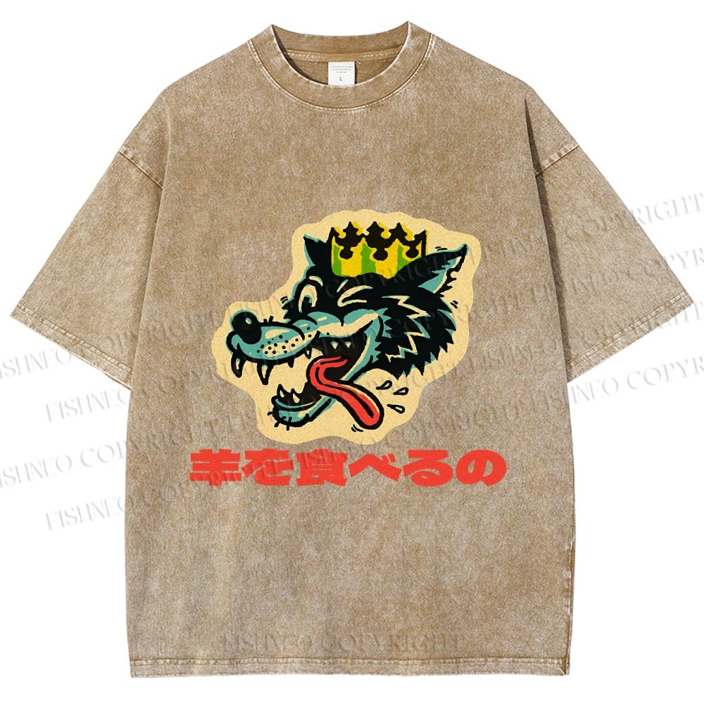 Unisex Vintage Japanese Wolf Graffiti Printed Washed Tee