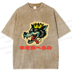 Unisex Vintage Japanese Wolf Graffiti Printed Washed Tee