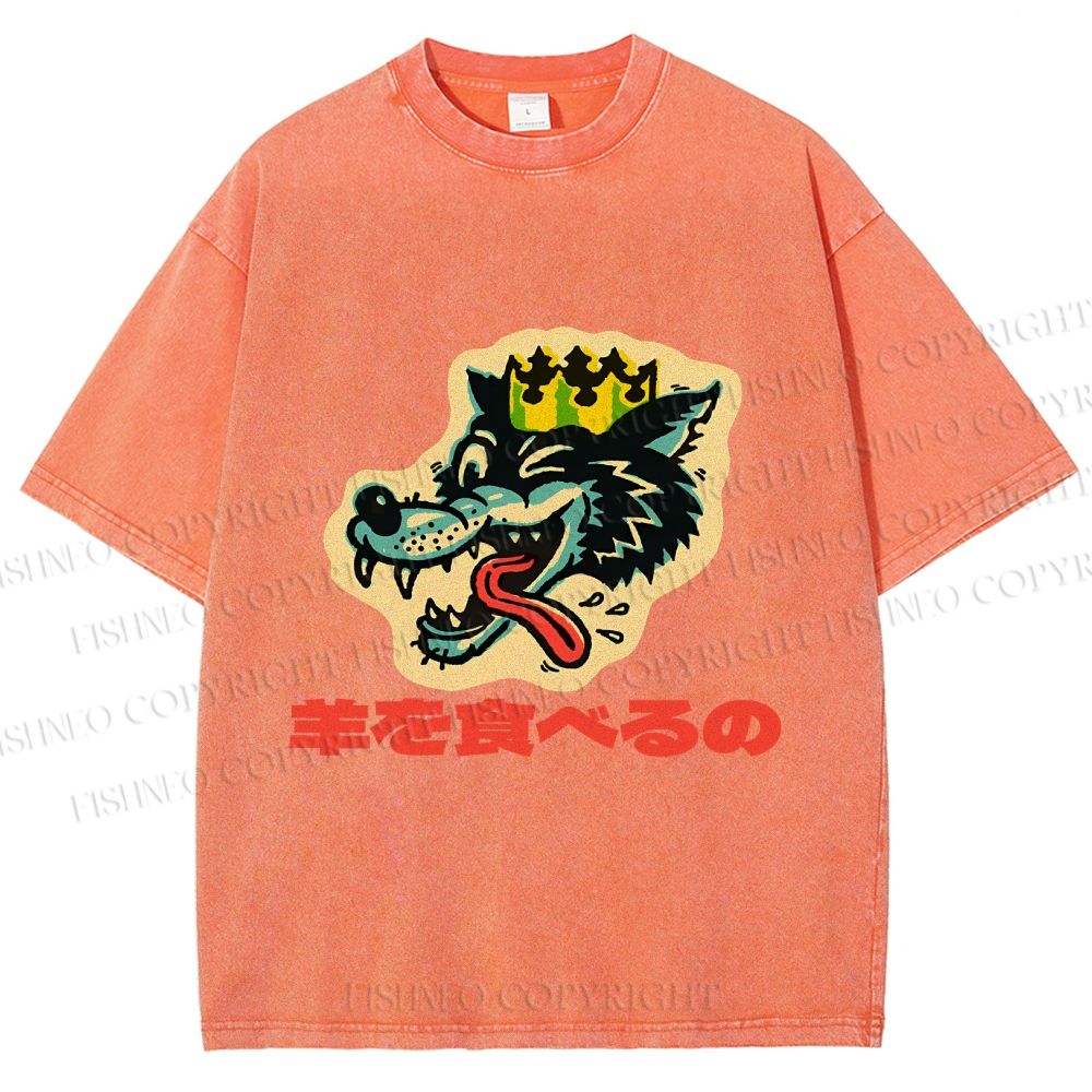 Unisex Vintage Japanese Wolf Graffiti Printed Washed Tee