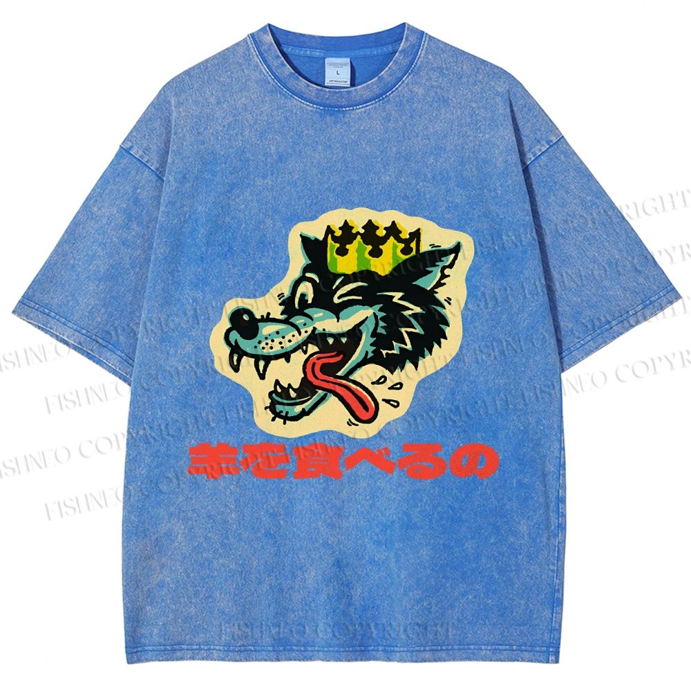 Unisex Vintage Japanese Wolf Graffiti Printed Washed Tee