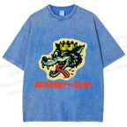 Unisex Vintage Japanese Wolf Graffiti Printed Washed Tee