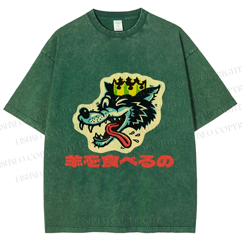 Unisex Vintage Japanese Wolf Graffiti Printed Washed Tee