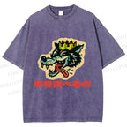 Unisex Vintage Japanese Wolf Graffiti Printed Washed Tee