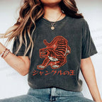 Unisex Japanese Embroidery Style Tiger Printed Washed Tee