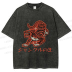 Unisex Japanese Embroidery Style Tiger Printed Washed Tee
