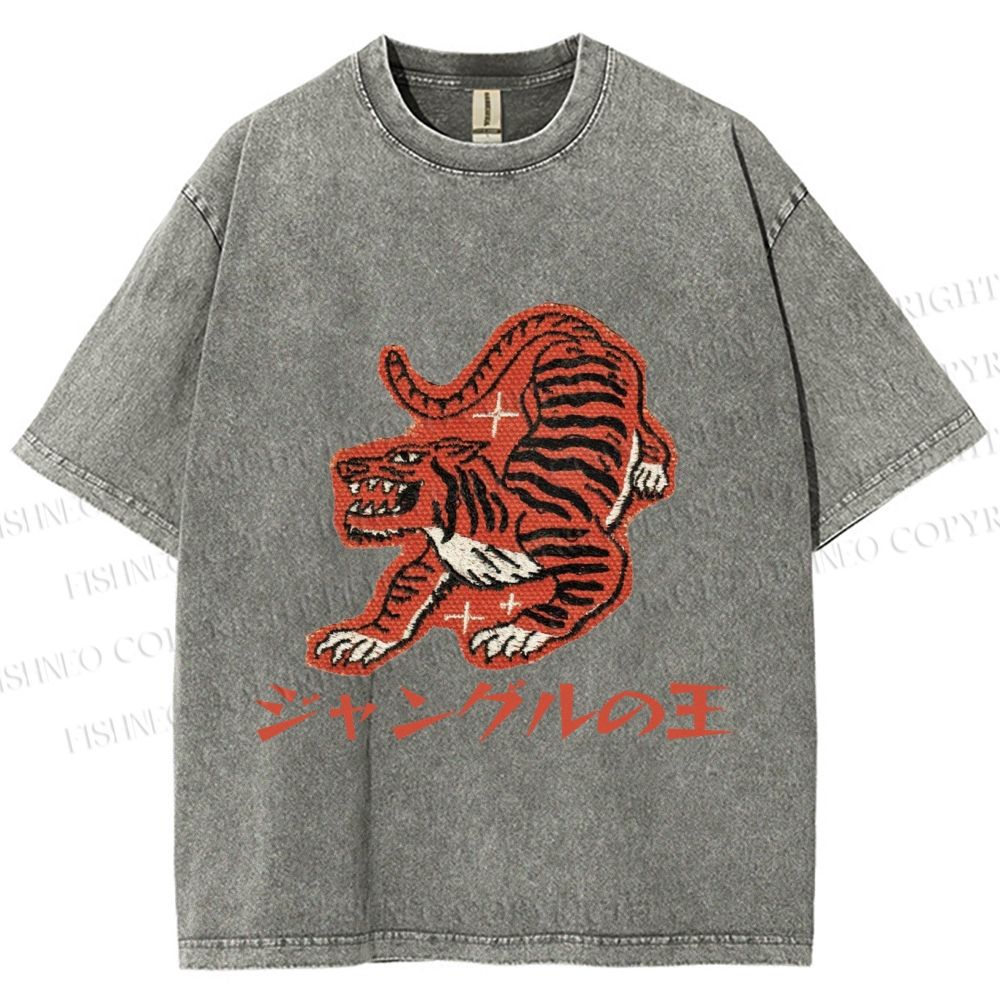 Unisex Japanese Embroidery Style Tiger Printed Washed Tee