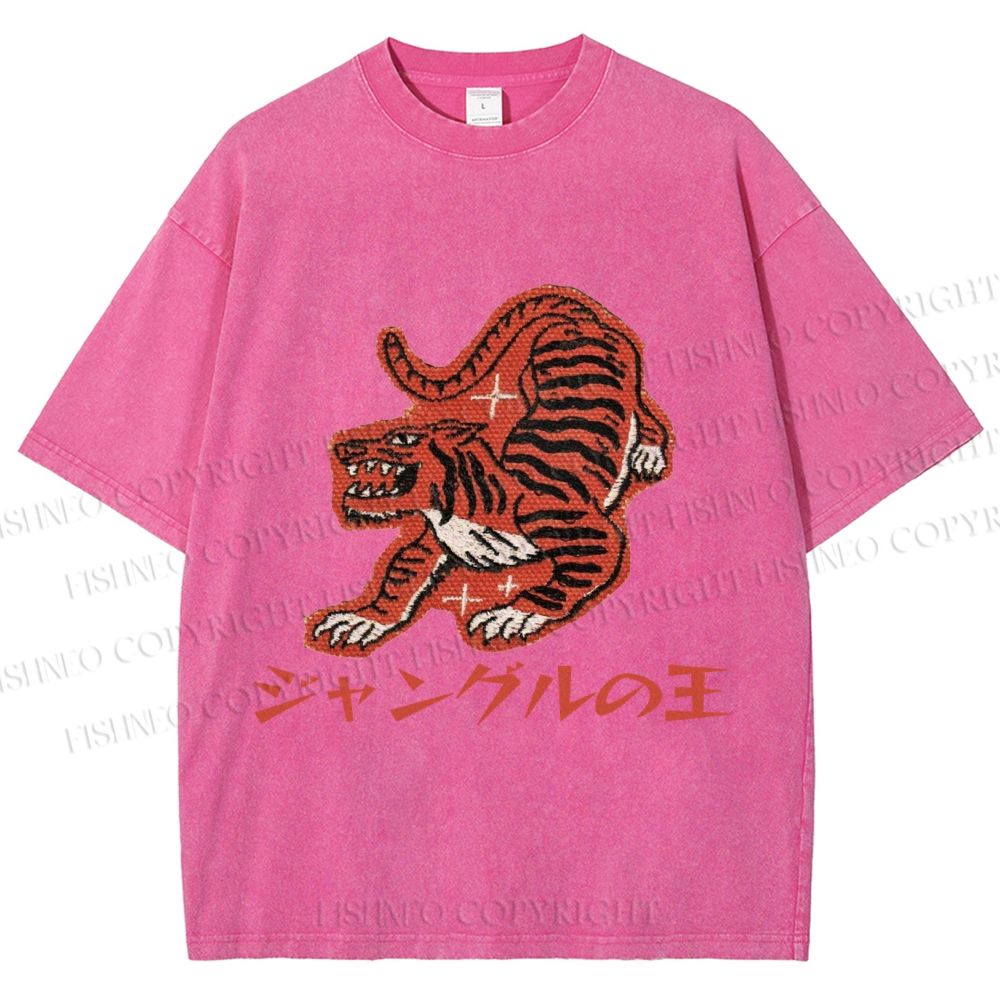 Unisex Japanese Embroidery Style Tiger Printed Washed Tee