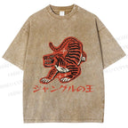 Unisex Japanese Embroidery Style Tiger Printed Washed Tee