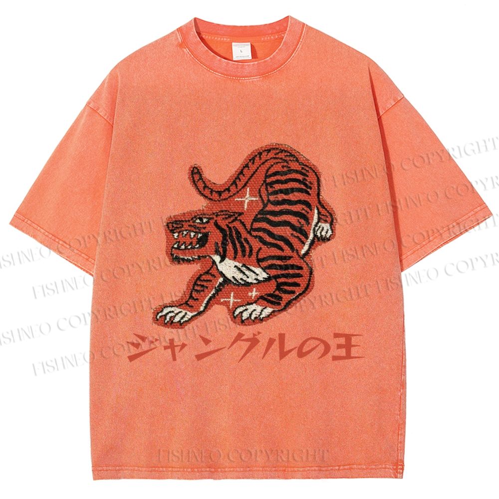 Unisex Japanese Embroidery Style Tiger Printed Washed Tee