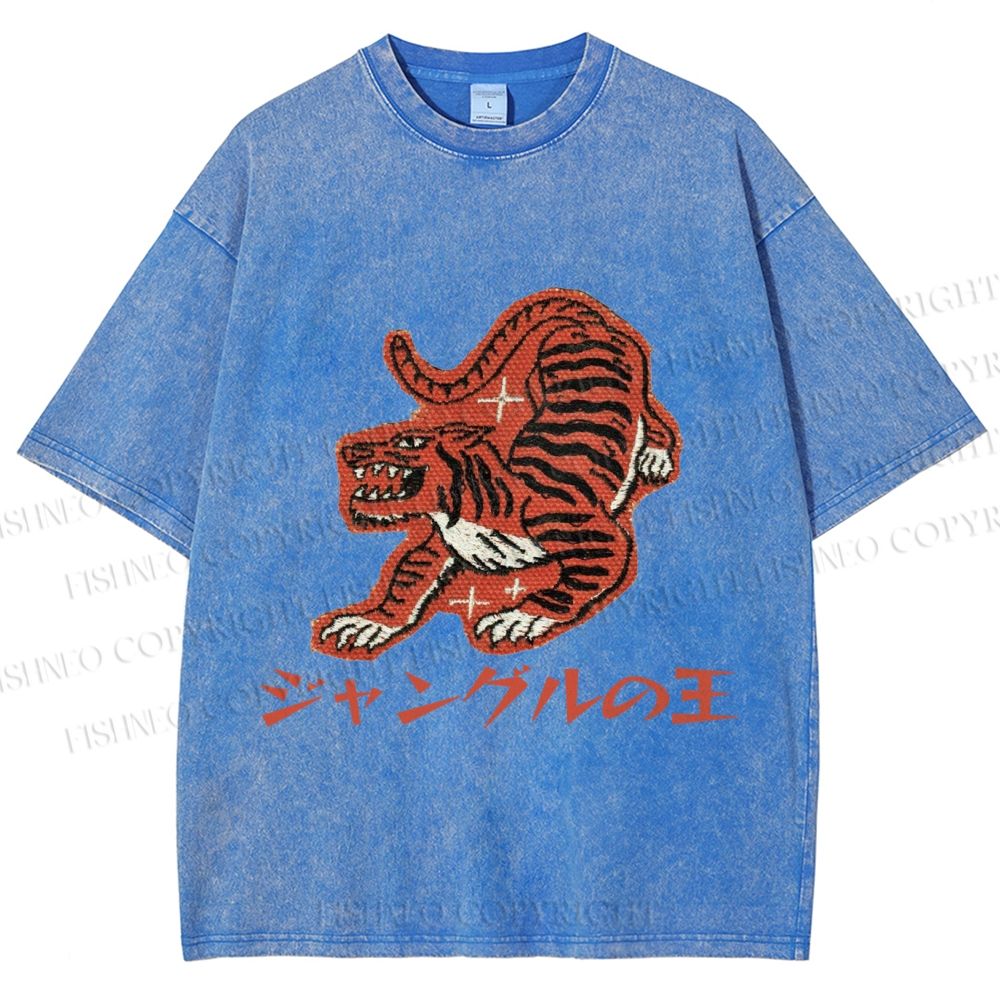 Unisex Japanese Embroidery Style Tiger Printed Washed Tee