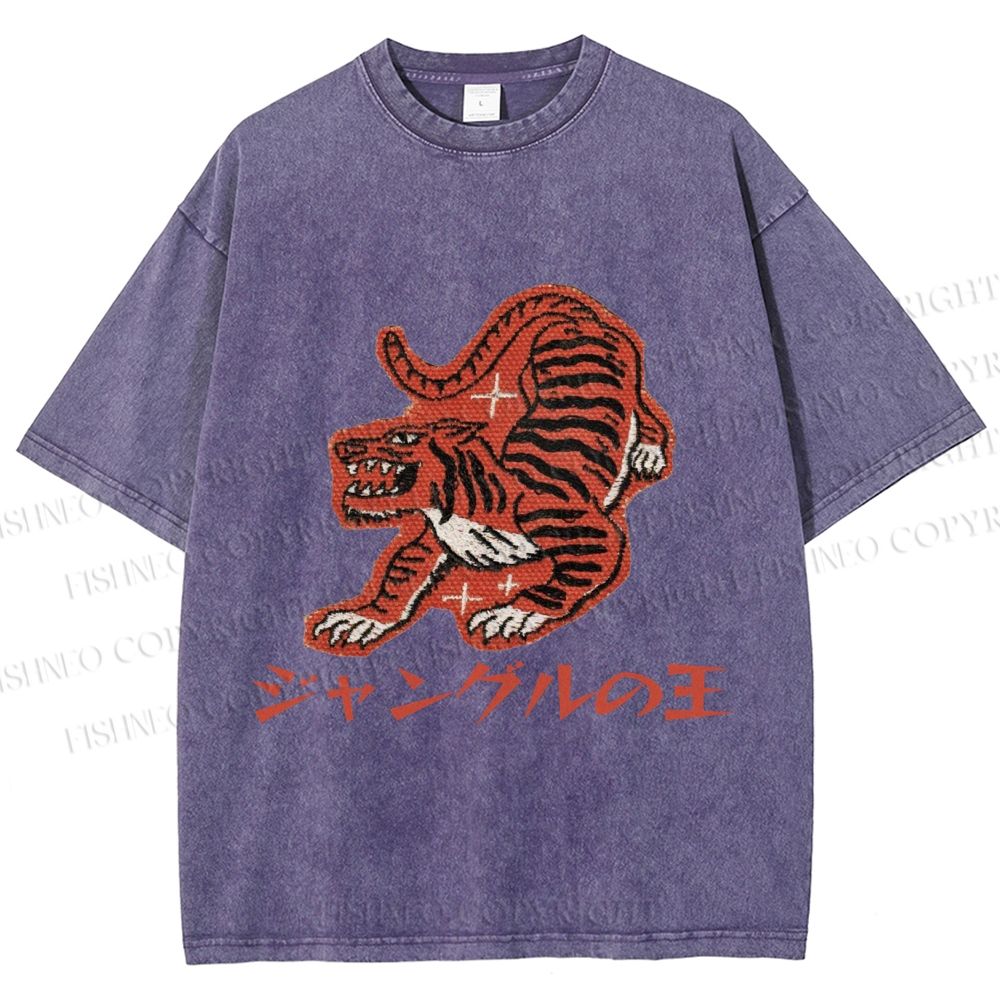 Unisex Japanese Embroidery Style Tiger Printed Washed Tee