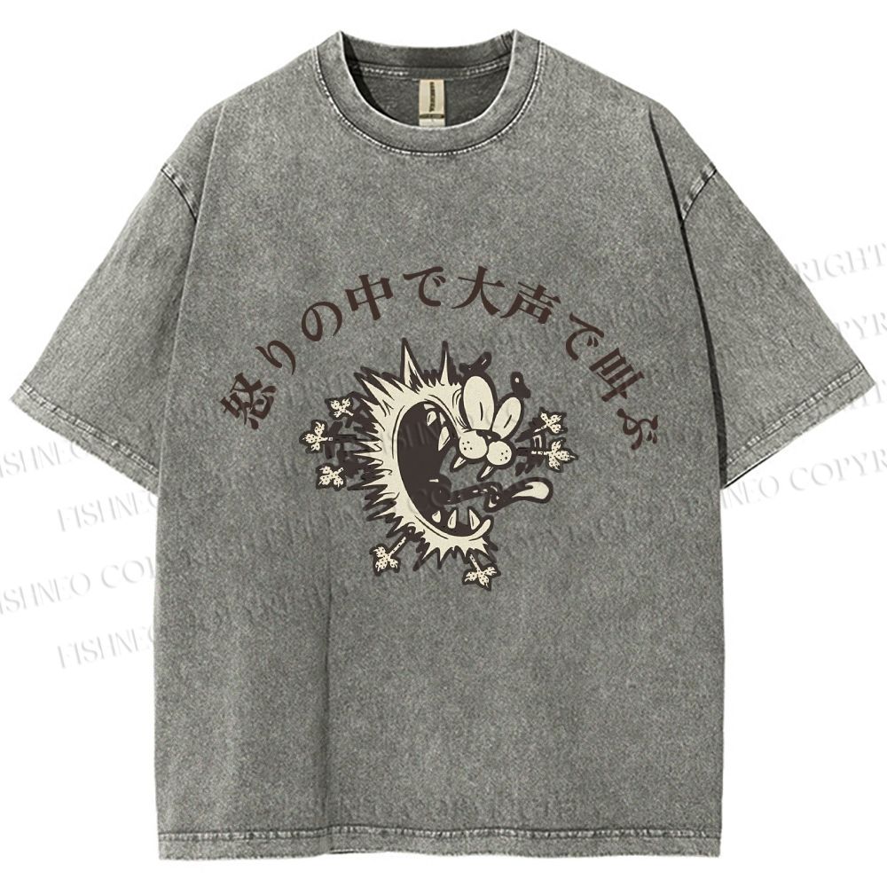 Unisex Vintage Wolf Growling Graffiti Printed Washed Tee