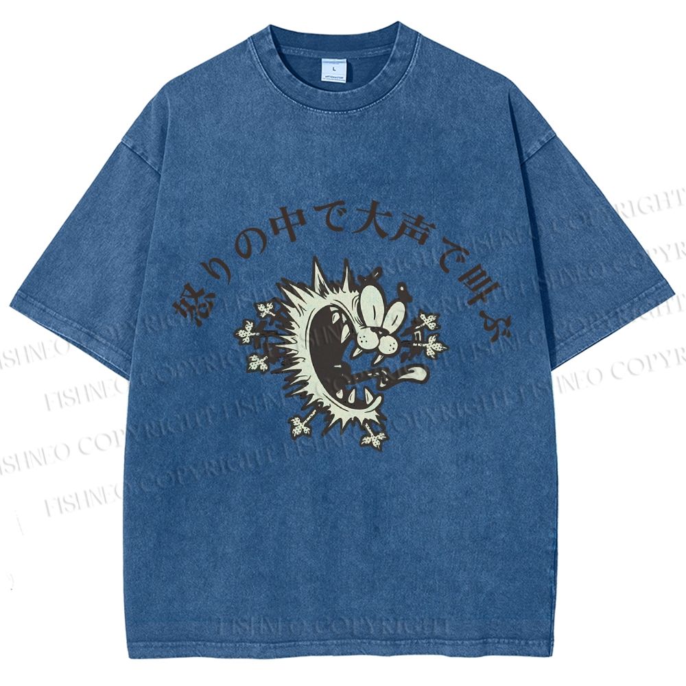 Unisex Vintage Wolf Growling Graffiti Printed Washed Tee
