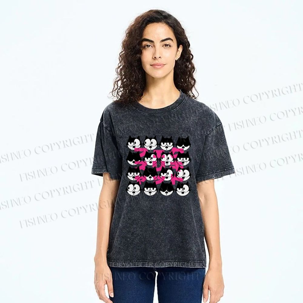 Unisex Japanese Felix Cat Graffiti Printed Washed Tee