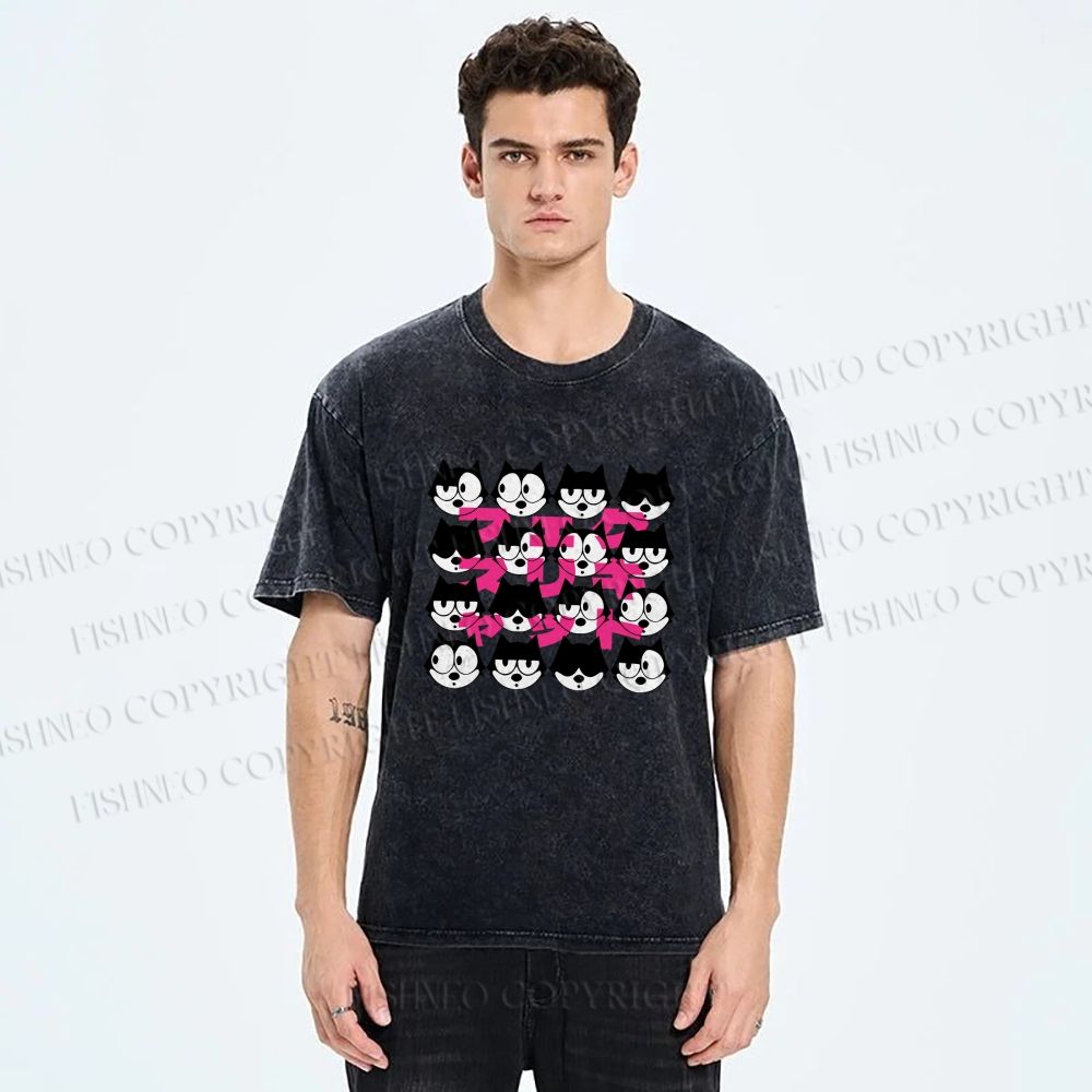 Unisex Japanese Felix Cat Graffiti Printed Washed Tee