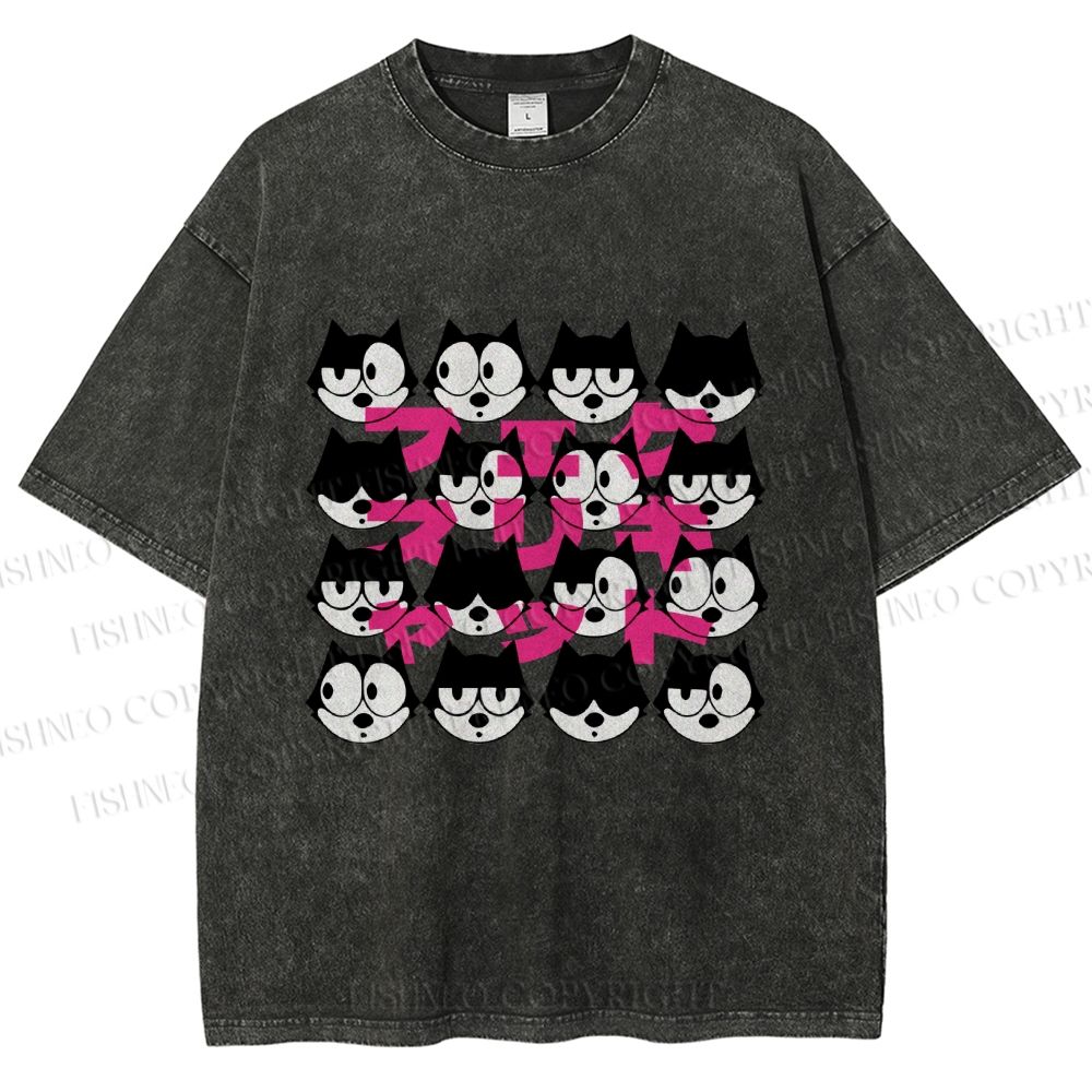 Unisex Japanese Felix Cat Graffiti Printed Washed Tee