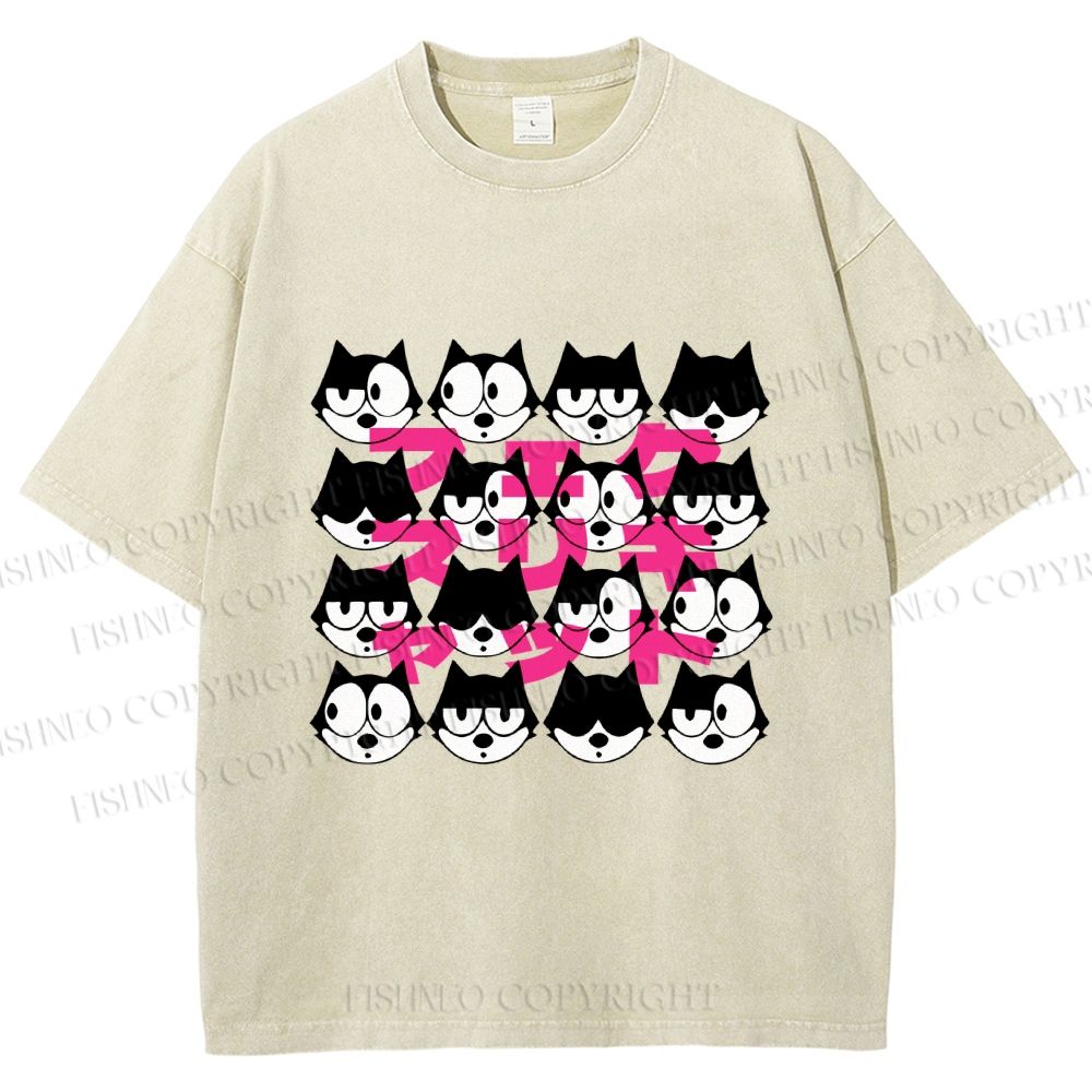 Unisex Japanese Felix Cat Graffiti Printed Washed Tee