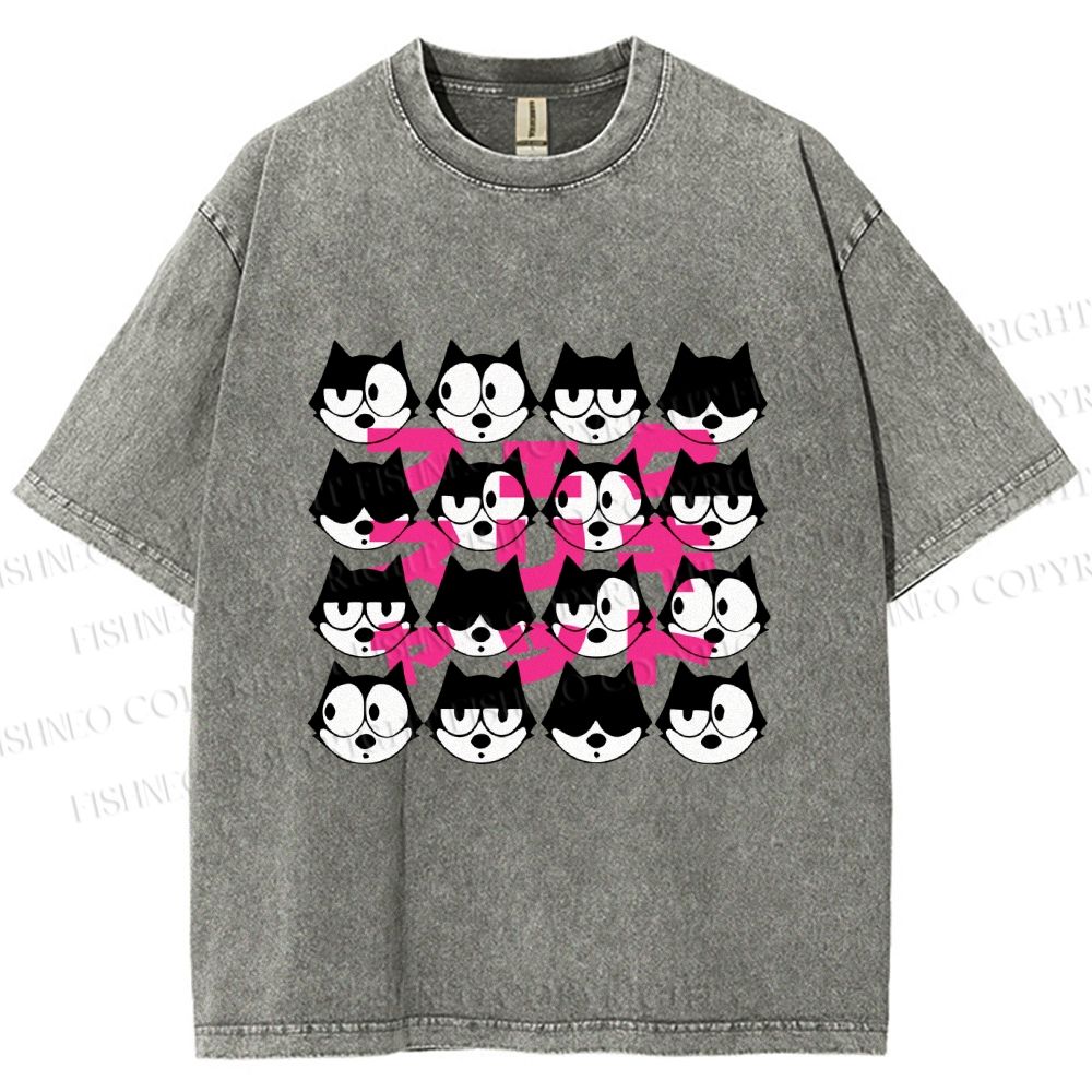 Unisex Japanese Felix Cat Graffiti Printed Washed Tee