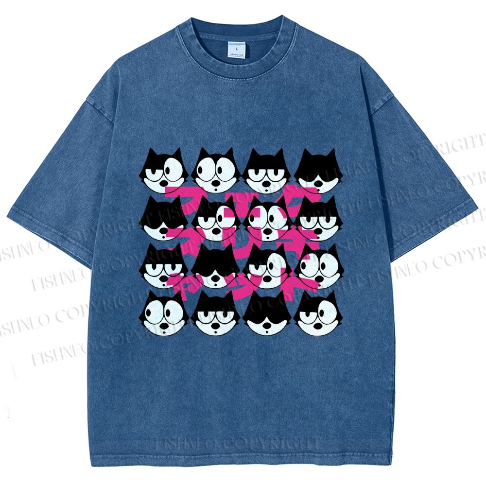 Unisex Japanese Felix Cat Graffiti Printed Washed Tee