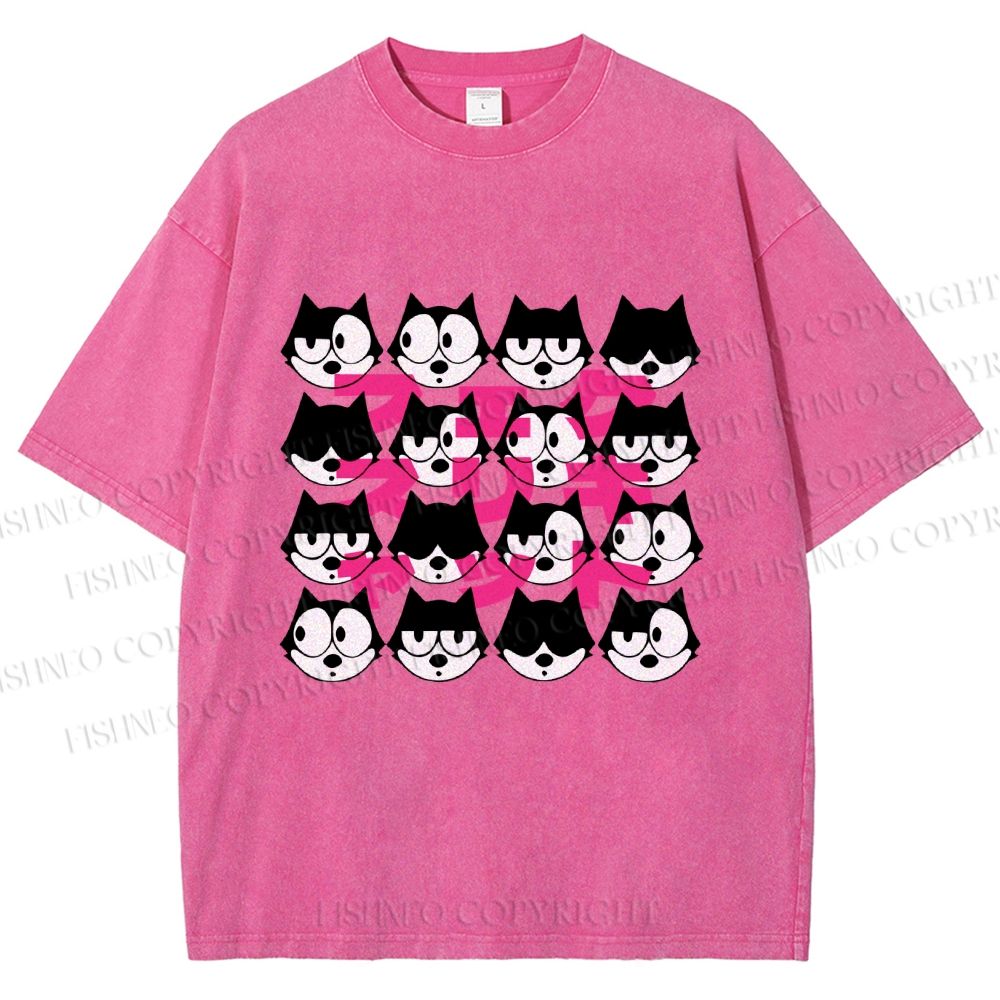 Unisex Japanese Felix Cat Graffiti Printed Washed Tee