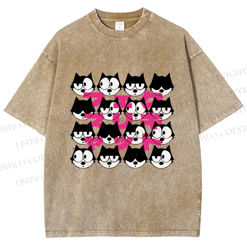 Unisex Japanese Felix Cat Graffiti Printed Washed Tee