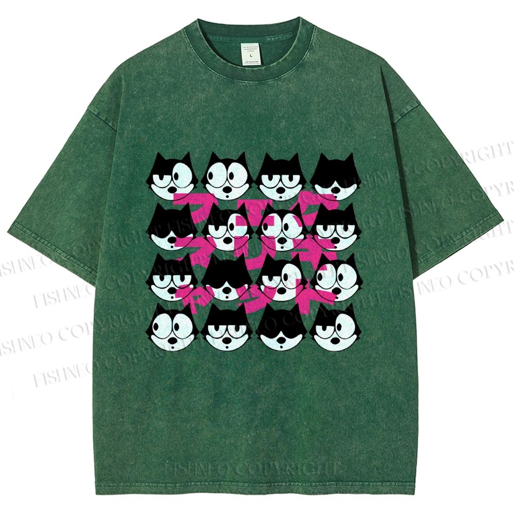 Unisex Japanese Felix Cat Graffiti Printed Washed Tee