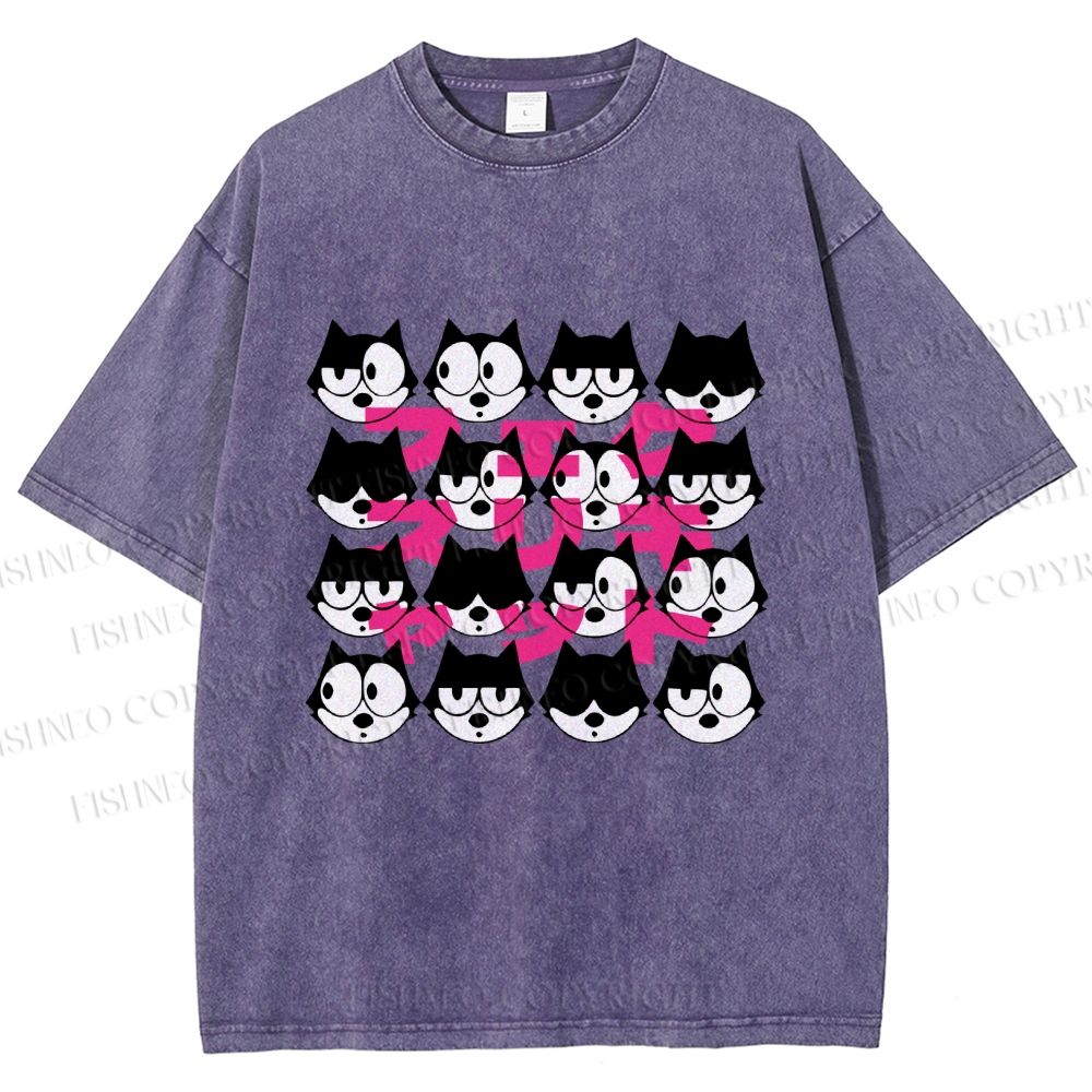 Unisex Japanese Felix Cat Graffiti Printed Washed Tee