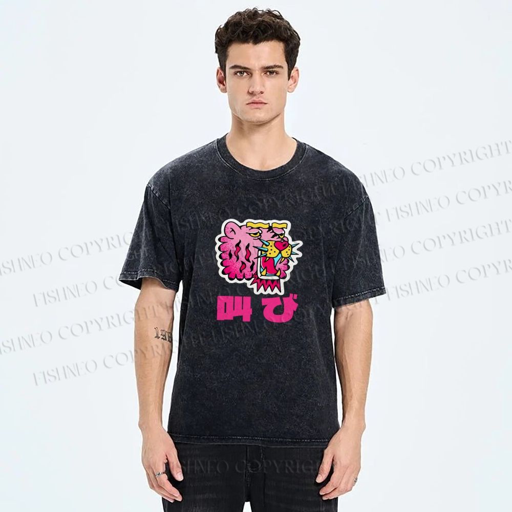 Unisex Vintage Japanese Leopard Graffiti Printed Washed Tee