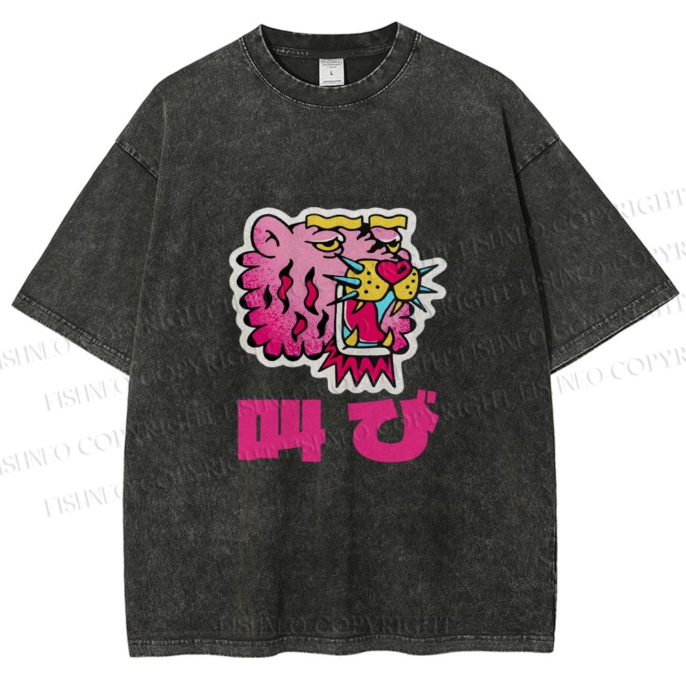 Unisex Vintage Japanese Leopard Graffiti Printed Washed Tee