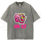 Unisex Vintage Japanese Leopard Graffiti Printed Washed Tee