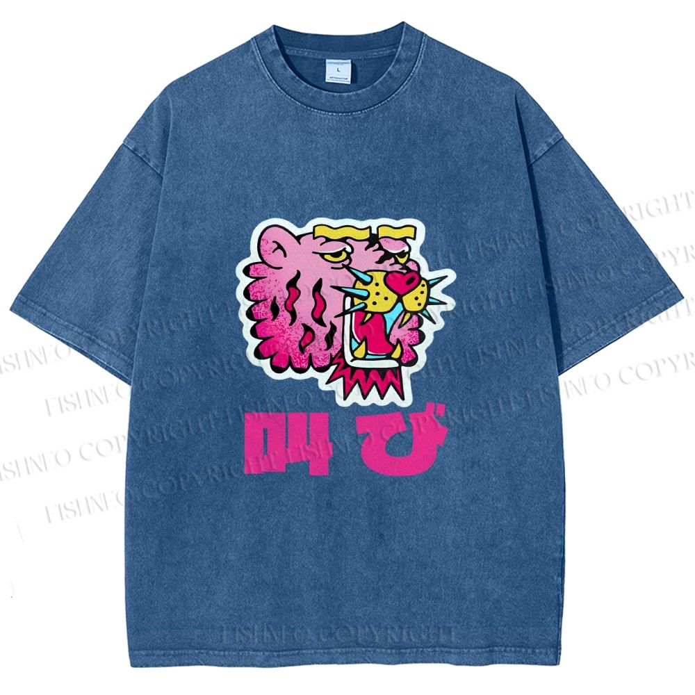 Unisex Vintage Japanese Leopard Graffiti Printed Washed Tee