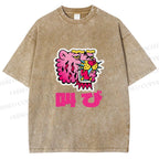 Unisex Vintage Japanese Leopard Graffiti Printed Washed Tee