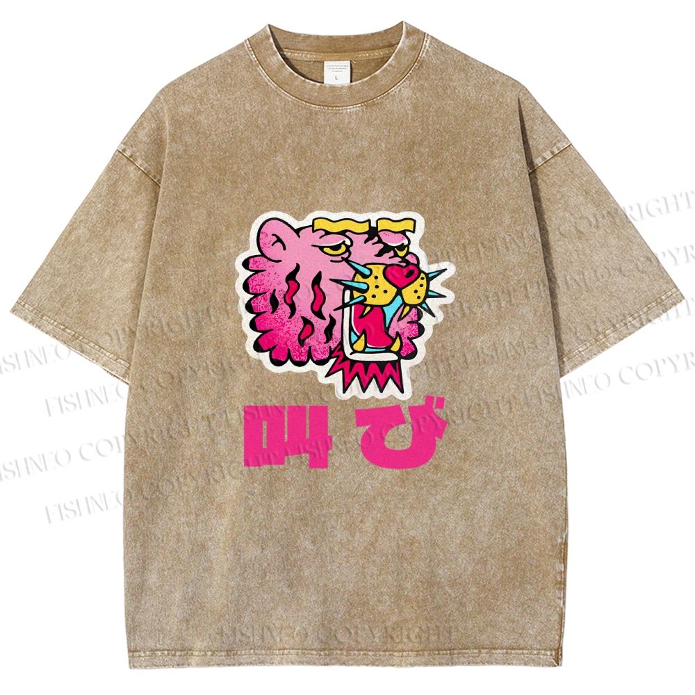 Unisex Vintage Japanese Leopard Graffiti Printed Washed Tee