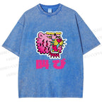 Unisex Vintage Japanese Leopard Graffiti Printed Washed Tee