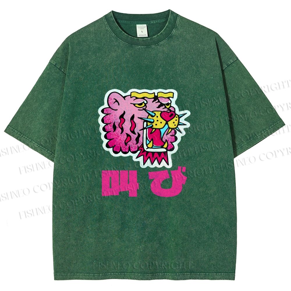 Unisex Vintage Japanese Leopard Graffiti Printed Washed Tee