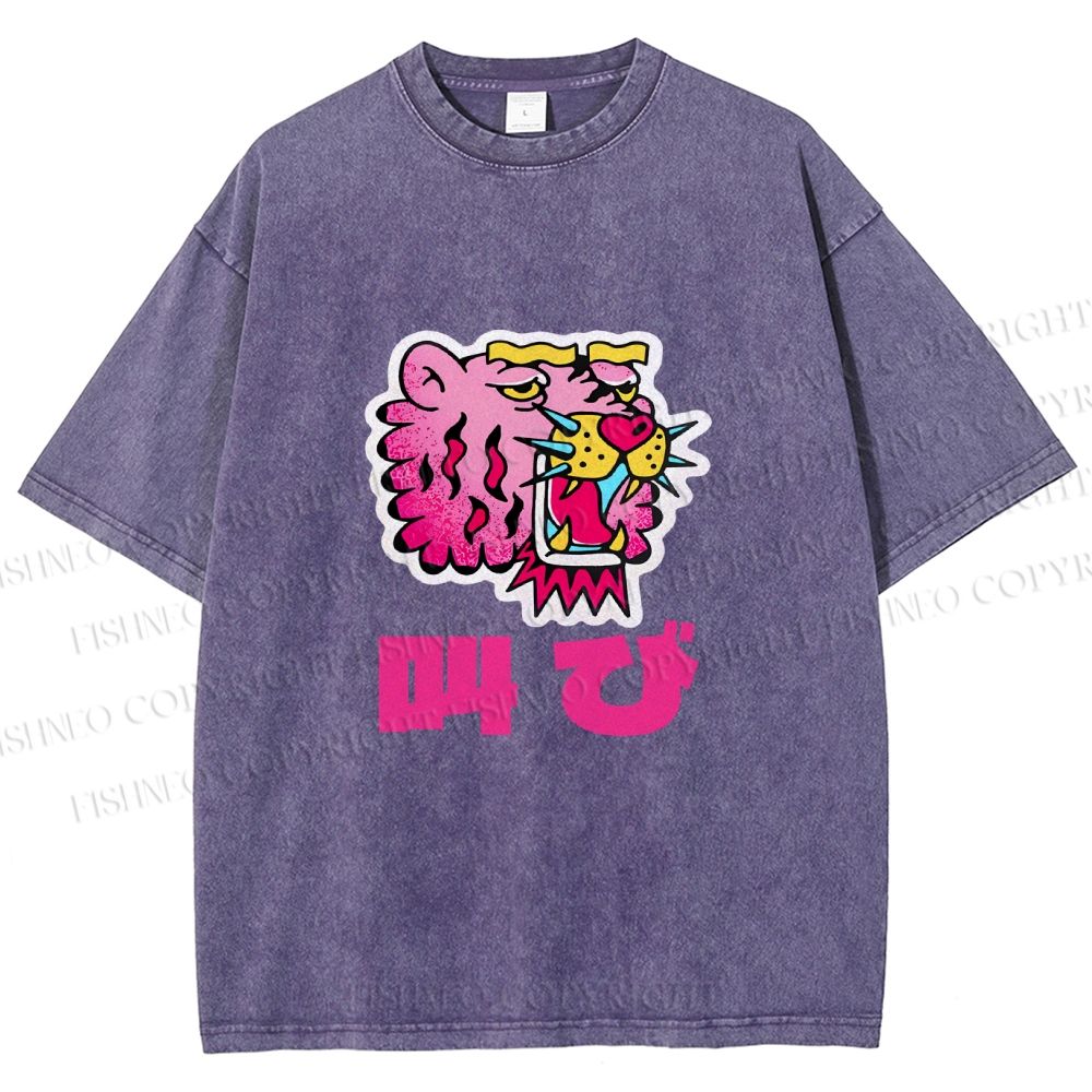 Unisex Vintage Japanese Leopard Graffiti Printed Washed Tee
