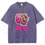 Unisex Vintage Japanese Leopard Graffiti Printed Washed Tee