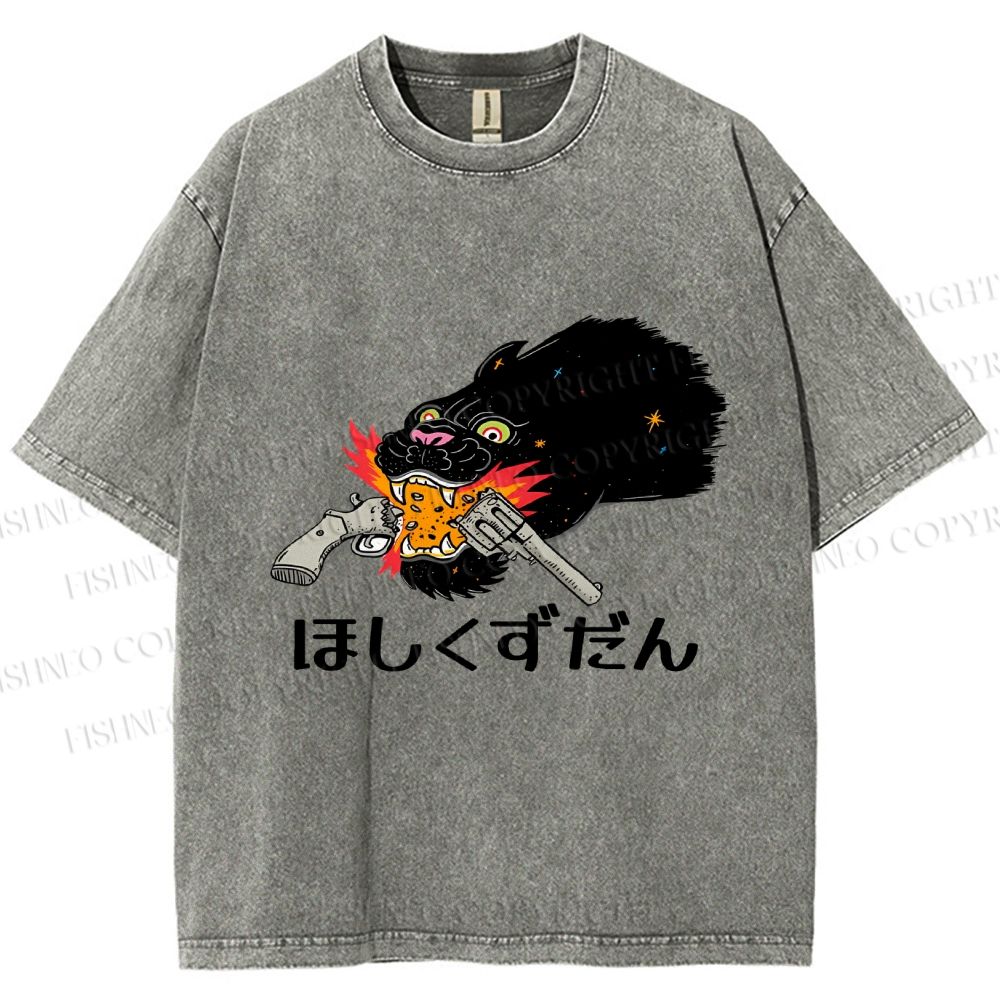 Unisex Japanese Leopard With Gun Printed Washed Tee