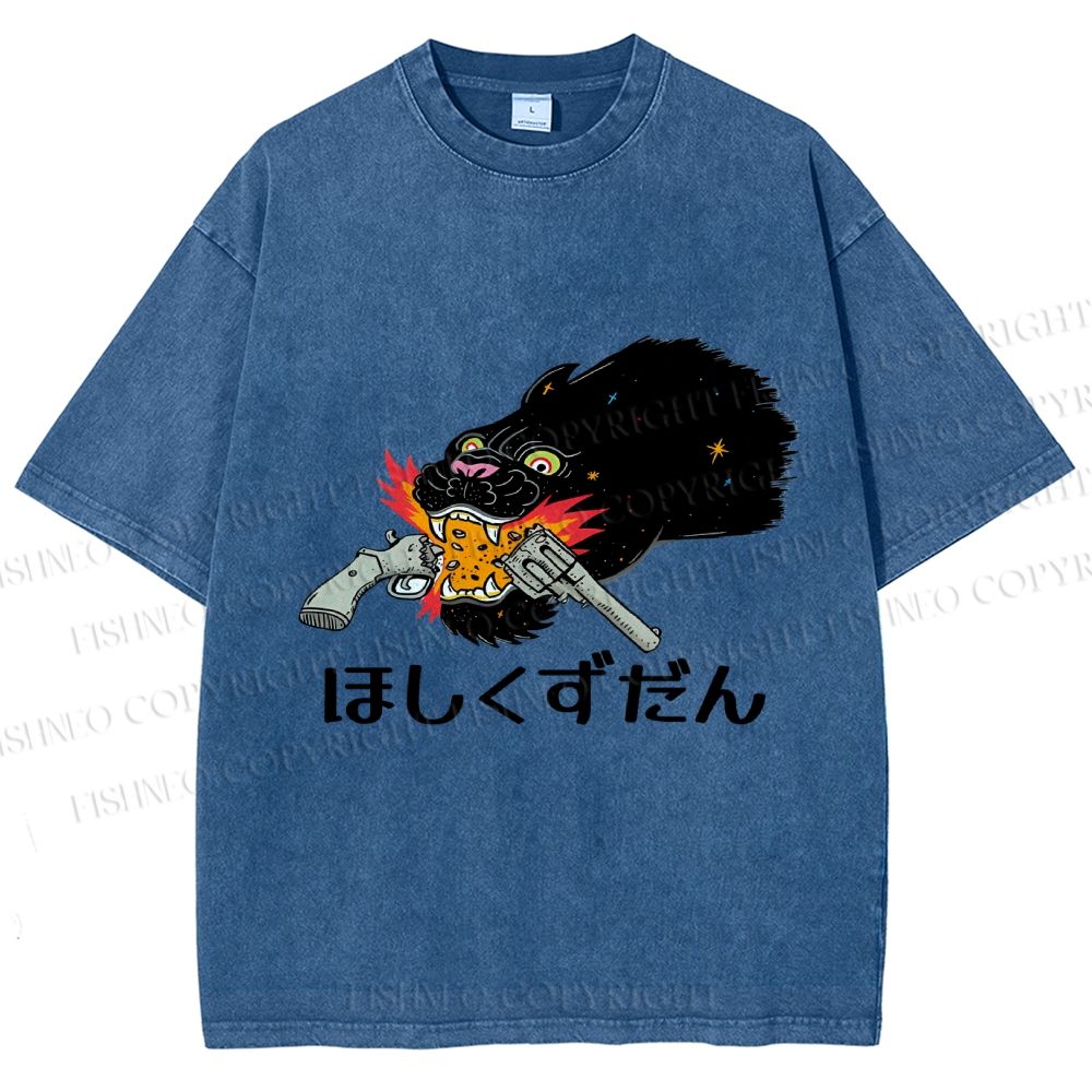 Unisex Japanese Leopard With Gun Printed Washed Tee