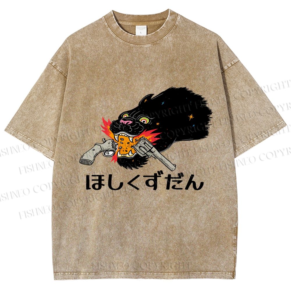Unisex Japanese Leopard With Gun Printed Washed Tee