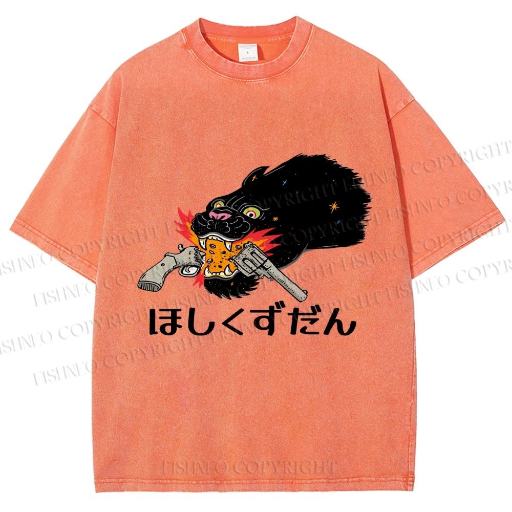 Unisex Japanese Leopard With Gun Printed Washed Tee