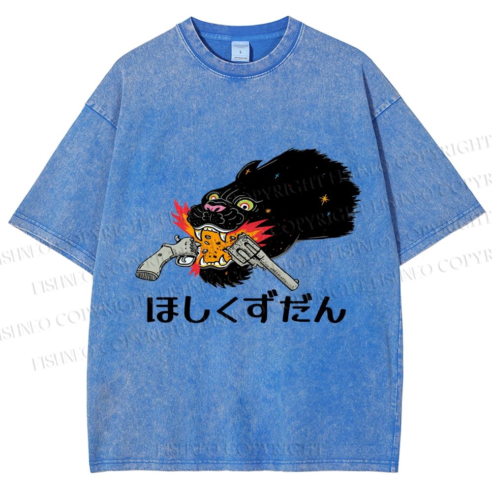 Unisex Japanese Leopard With Gun Printed Washed Tee