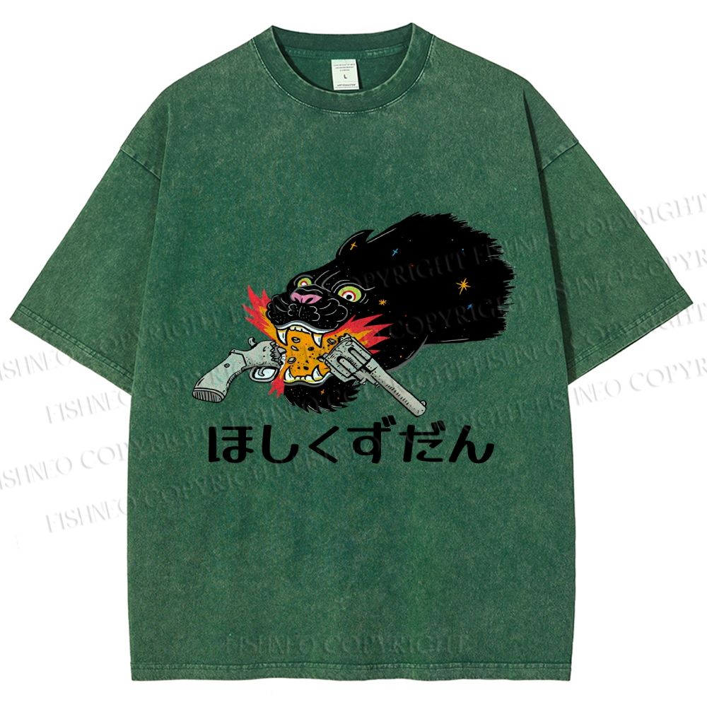 Unisex Japanese Leopard With Gun Printed Washed Tee
