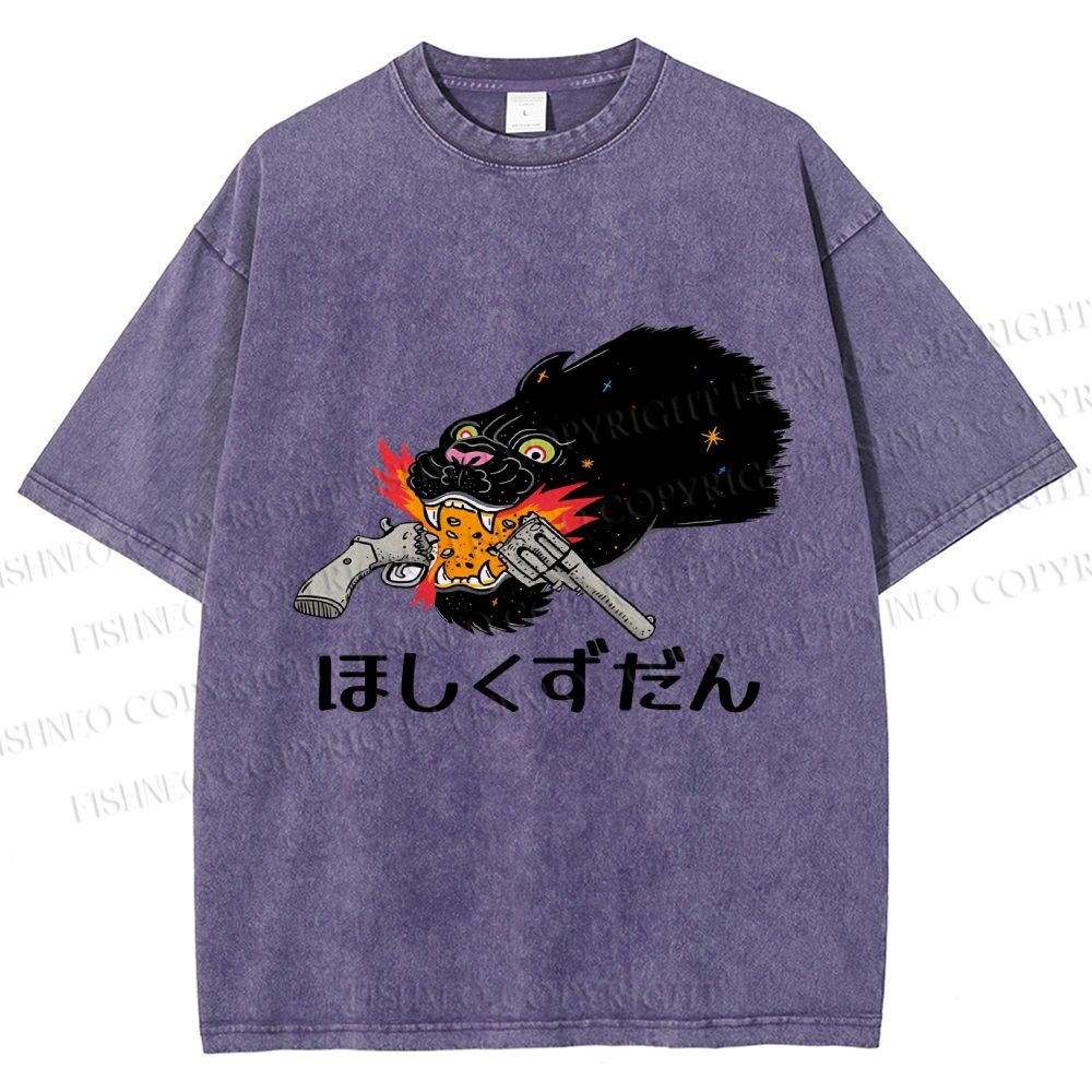 Unisex Japanese Leopard With Gun Printed Washed Tee