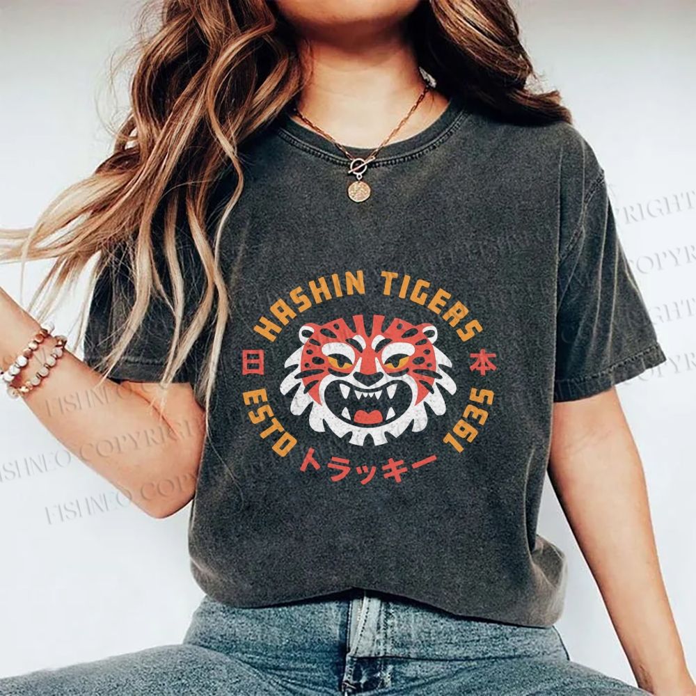 Unisex Japanese Cartoon Tiger Printed Washed Tee
