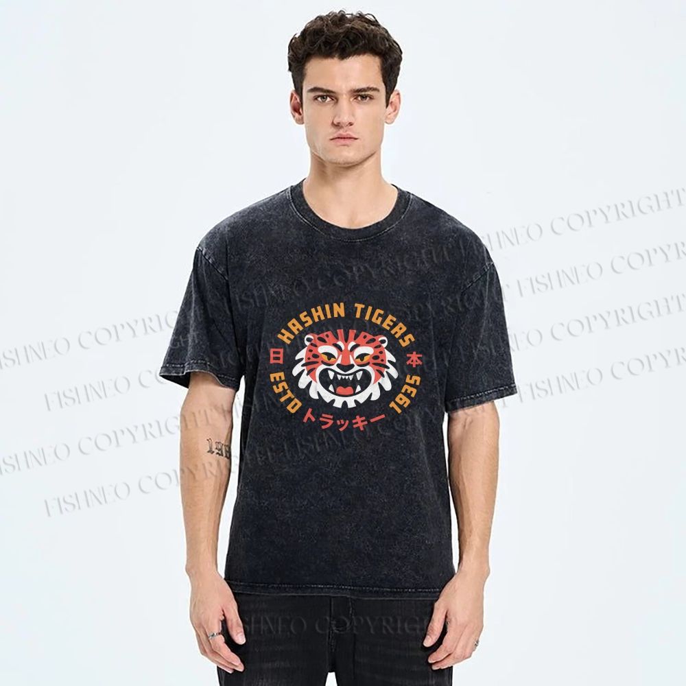 Unisex Japanese Cartoon Tiger Printed Washed Tee