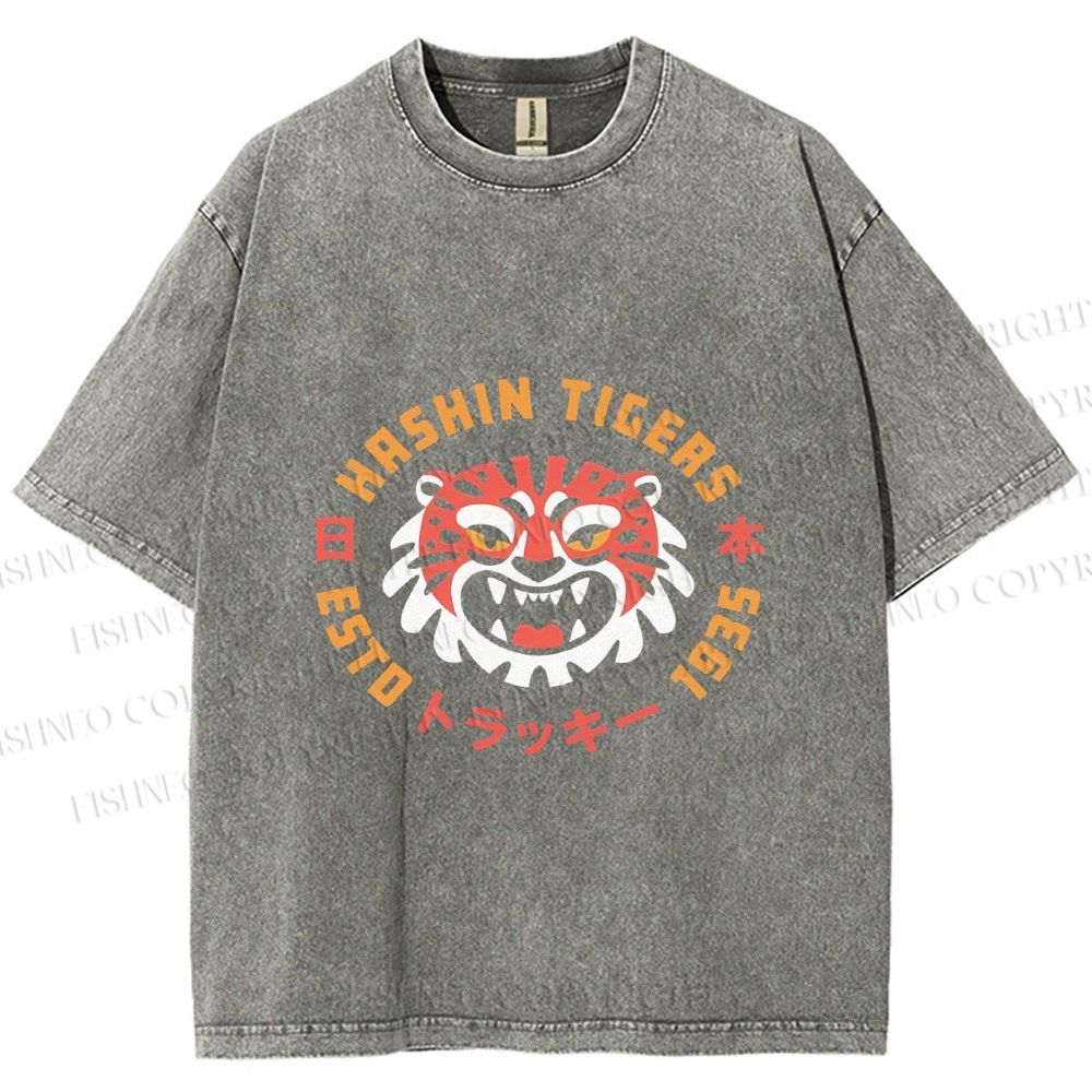 Unisex Japanese Cartoon Tiger Printed Washed Tee