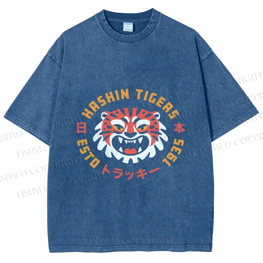 Unisex Japanese Cartoon Tiger Printed Washed Tee